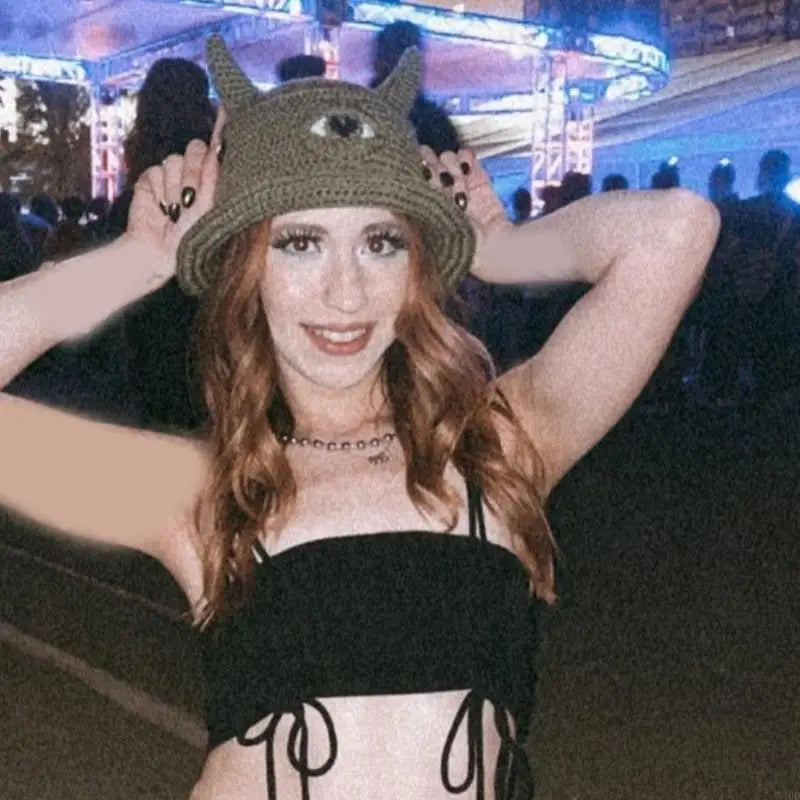 Unisex Devil Horn Knit Halloween Bucket Hat