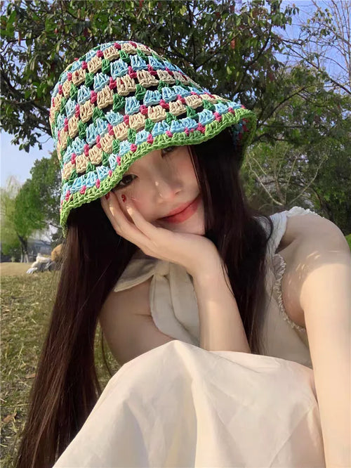 Womens Striped Rainbow Crochet Sun Bucket Hat