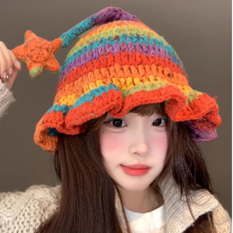Korean Dopamine Colorblock Star Crochet Bucket Hat