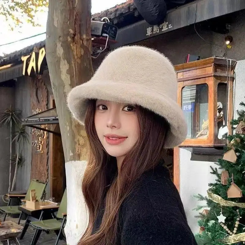 Faux Fur Winter Bucket Hat Women Soft Warm Fisherman Cap