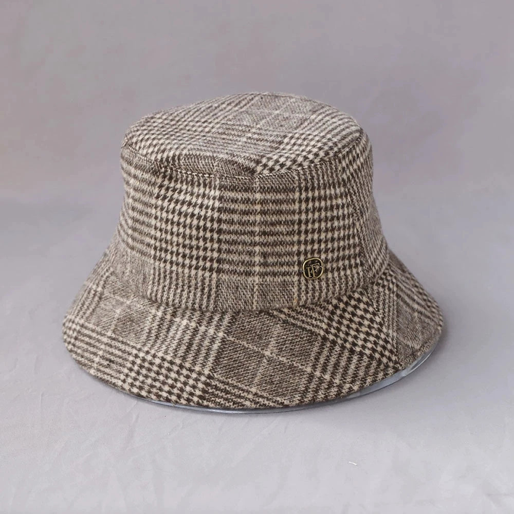 British Checkerboard Wool Wide Brim Bucket Hat