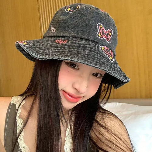 Butterfly Embroidered Washed Denim Wide Brim Bucket Hat