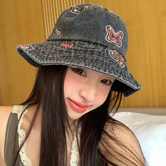 Butterfly Embroidered Washed Denim Wide Brim Bucket Hat