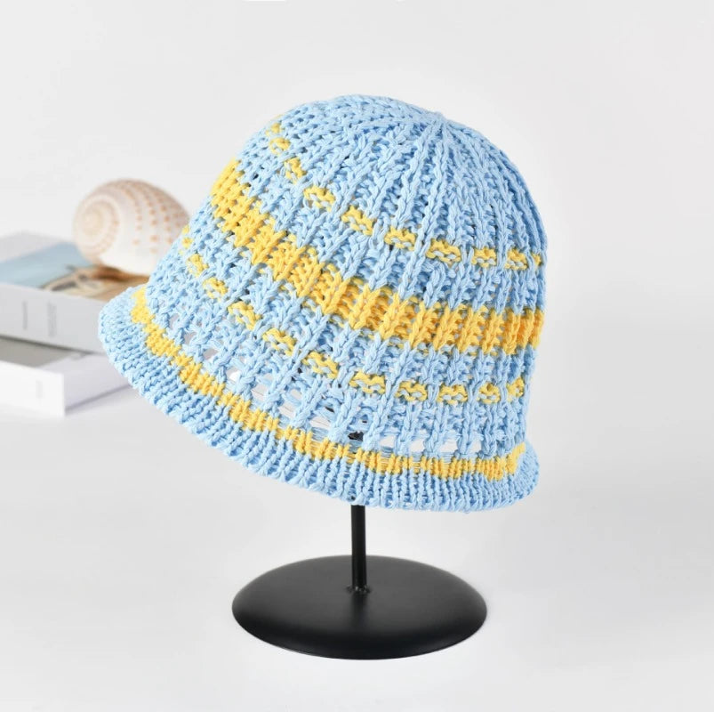 New Summer Color Knitted Basin Straw Bucket Hat