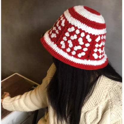 Korean Color Blocking Hand Crocheted Warm Bucket Hat