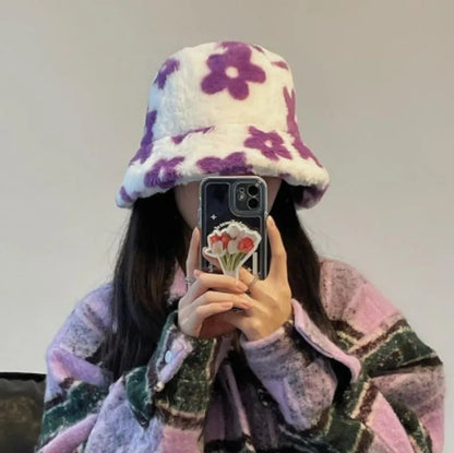Floral Plush Furry Warm Winter Bucket Hat
