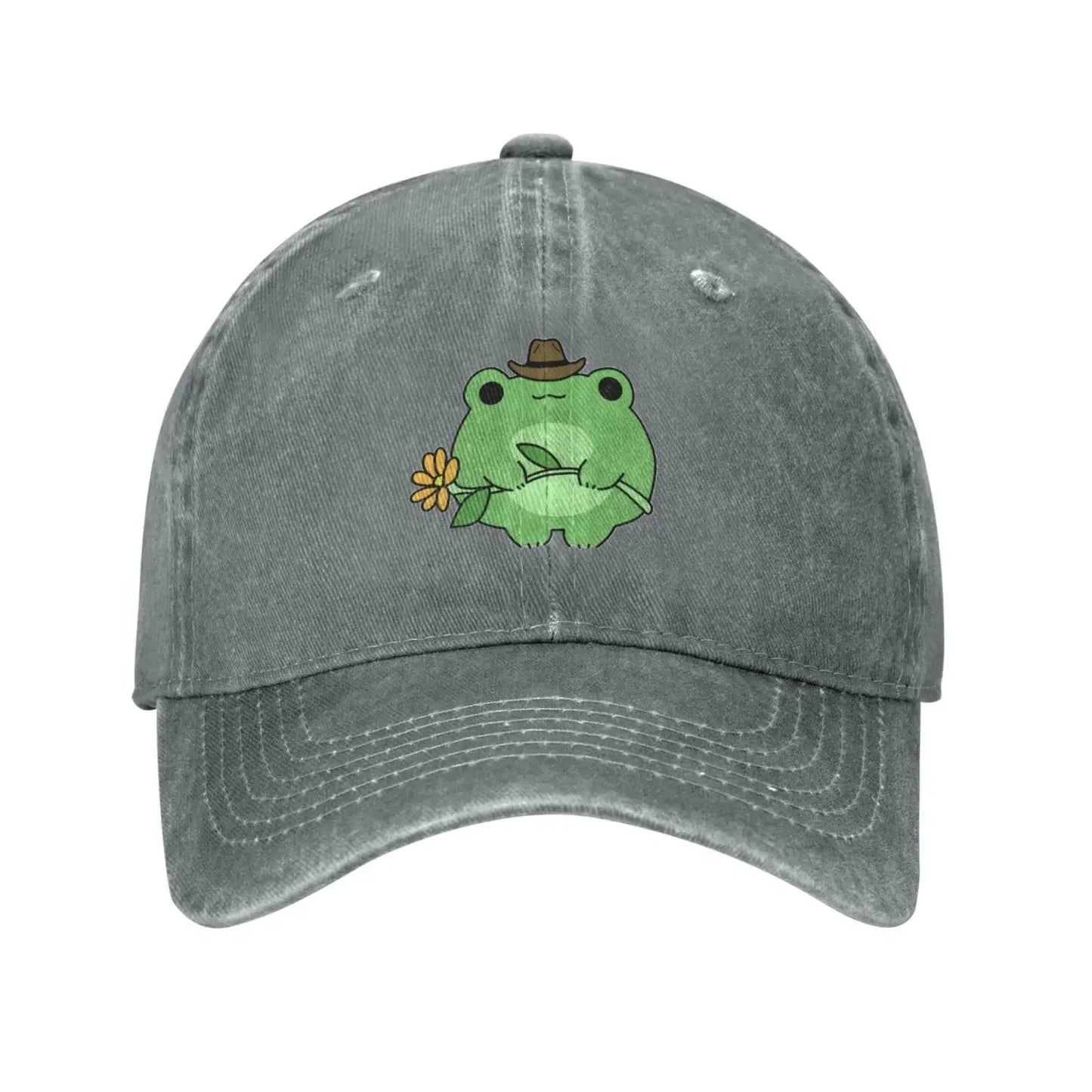 Cute Frog Flower Washed Denim Adjustable Baseball Cap