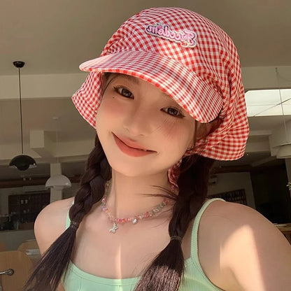 Womens Plaid Korean Style Sunshade Bucket Hat