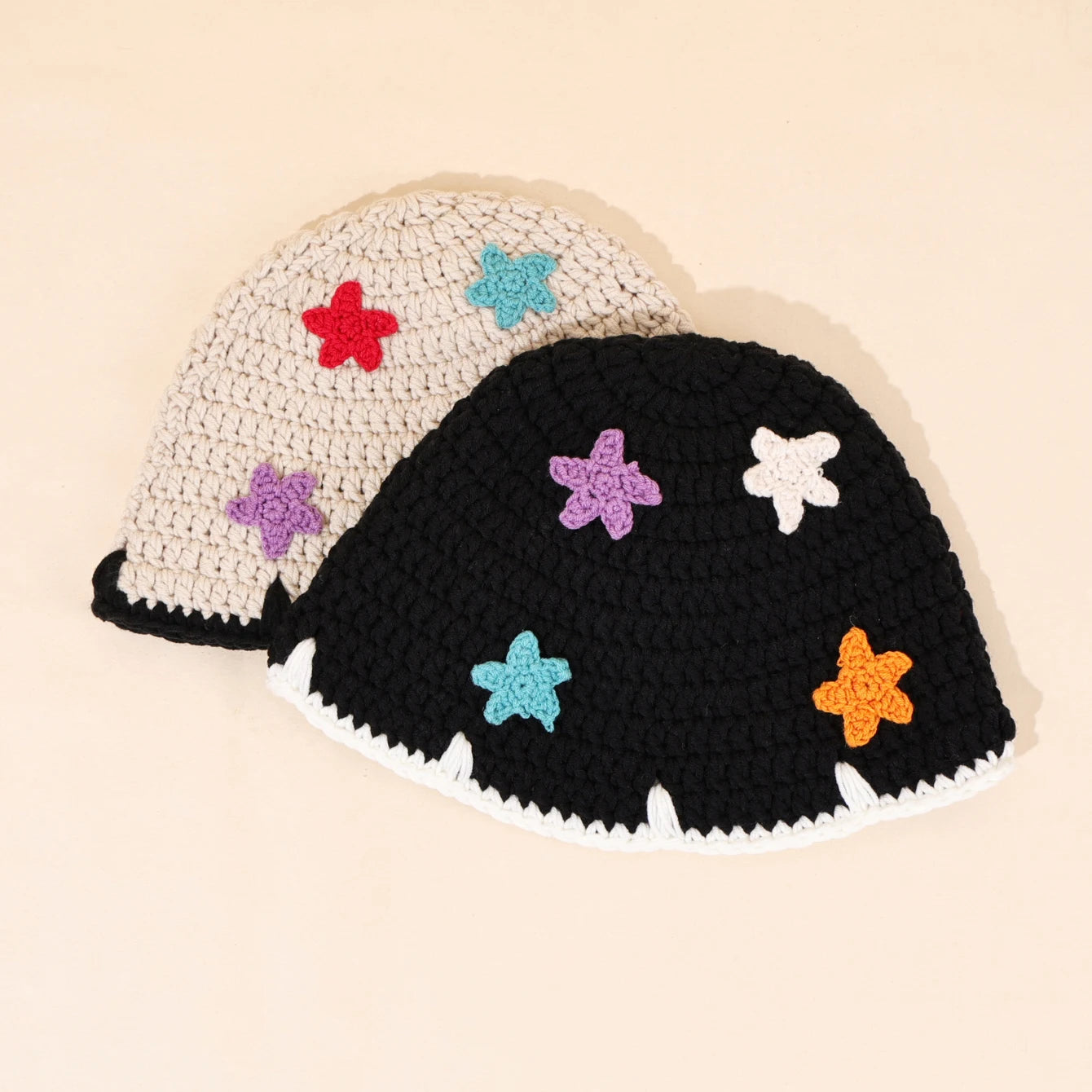 Hand Woven Colorful Star Scallop Knitted Bucket Hat