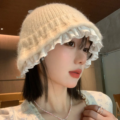 Women's Knitted Lace Trim Bucket Hat