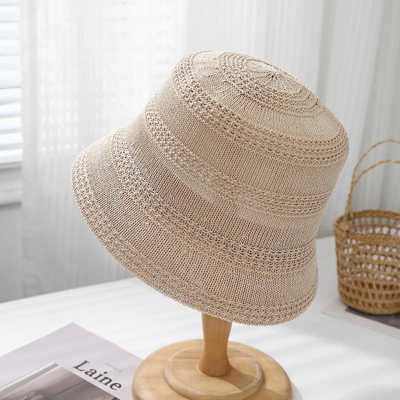 Spring Summer Hat Women Hollow Breathable Knitted Bucket Hat