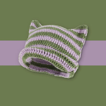 Striped Knit Cat Ears Bucket Hat