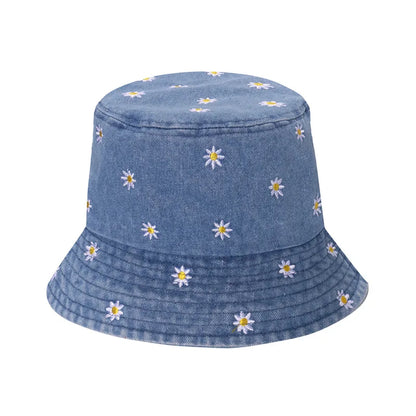 Women’s Daisy Embroidered Denim Summer Bucket Hat