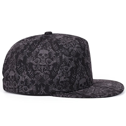 Full Skull Print Flat Brim Snapback Cap