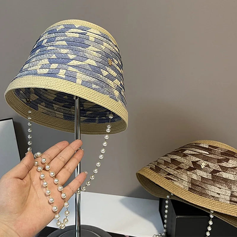 Luxury Pearl Chain Straw Bucket Hat
