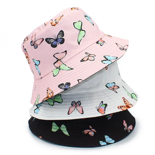 Wide Brim Butterfly Print Outdoor Panama Bucket Hat
