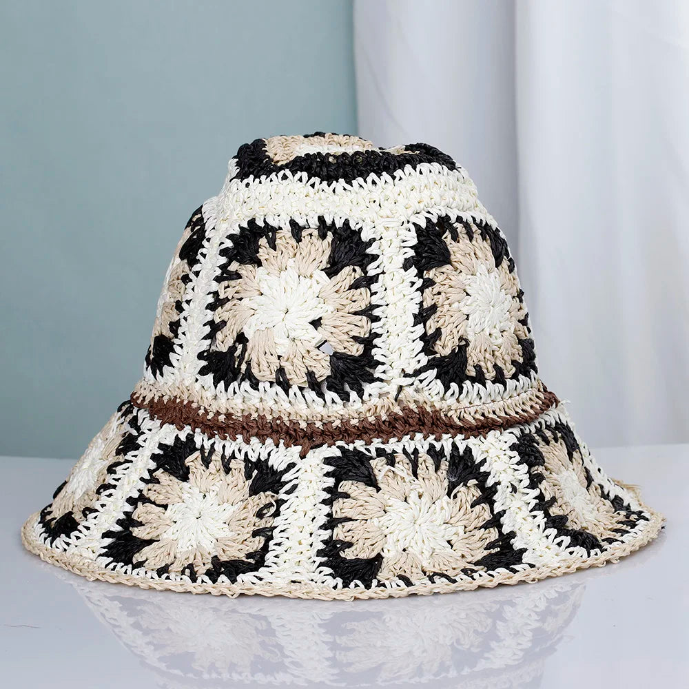 Womens Crochet Straw Foldable Summer Bucket Hat