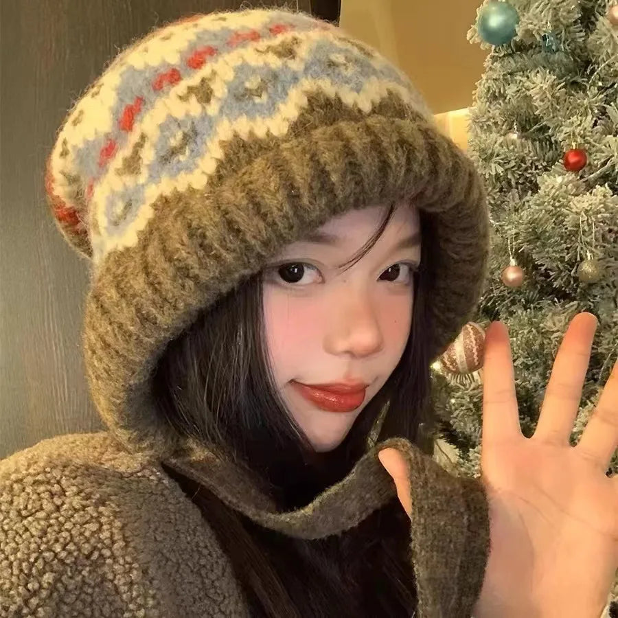 Fair Isle Lace Up Earflap Knit Bucket Hat