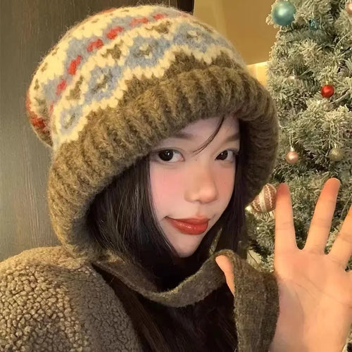 Fair Isle Lace Up Earflap Knit Bucket Hat