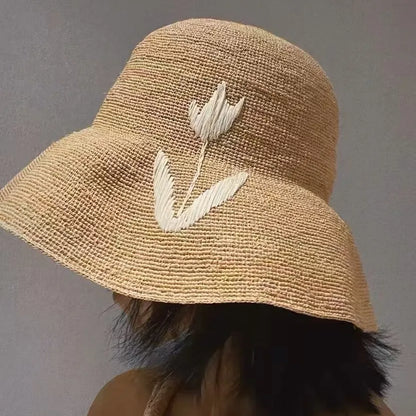 Natural Raffia Woven Wide Brim Bucket Hat