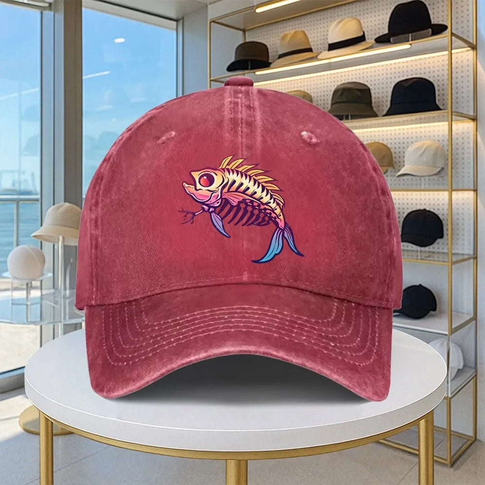 Cartoon Fishbone Washed Denim Print Baseball Cap