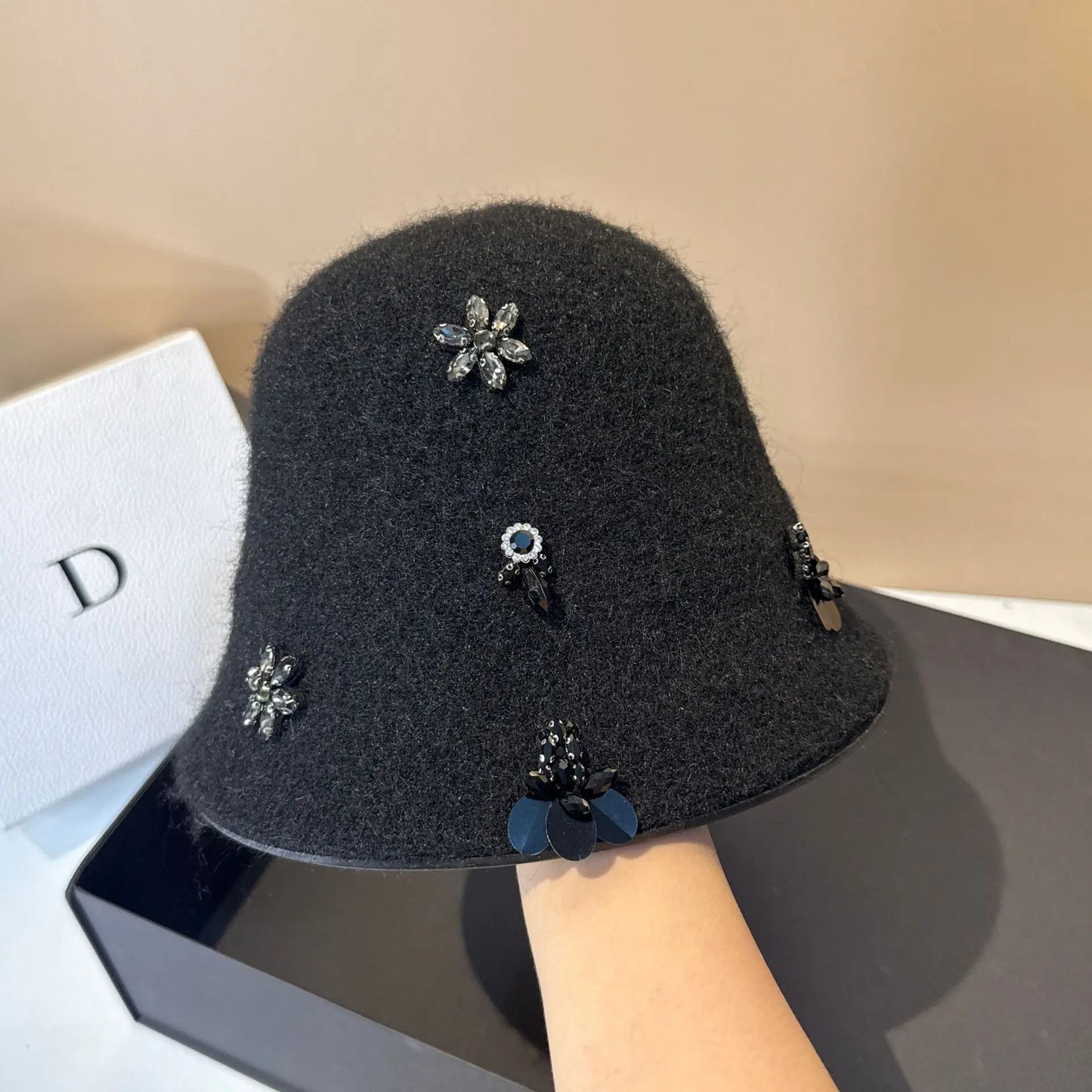 Korean Woolen Winter Bucket Hat with Rhinestone