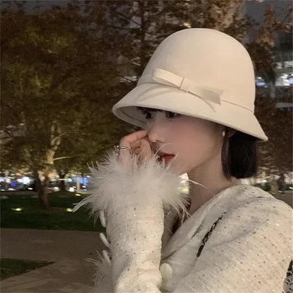 Vintage Bowknot Felt Dome Bucket Hat