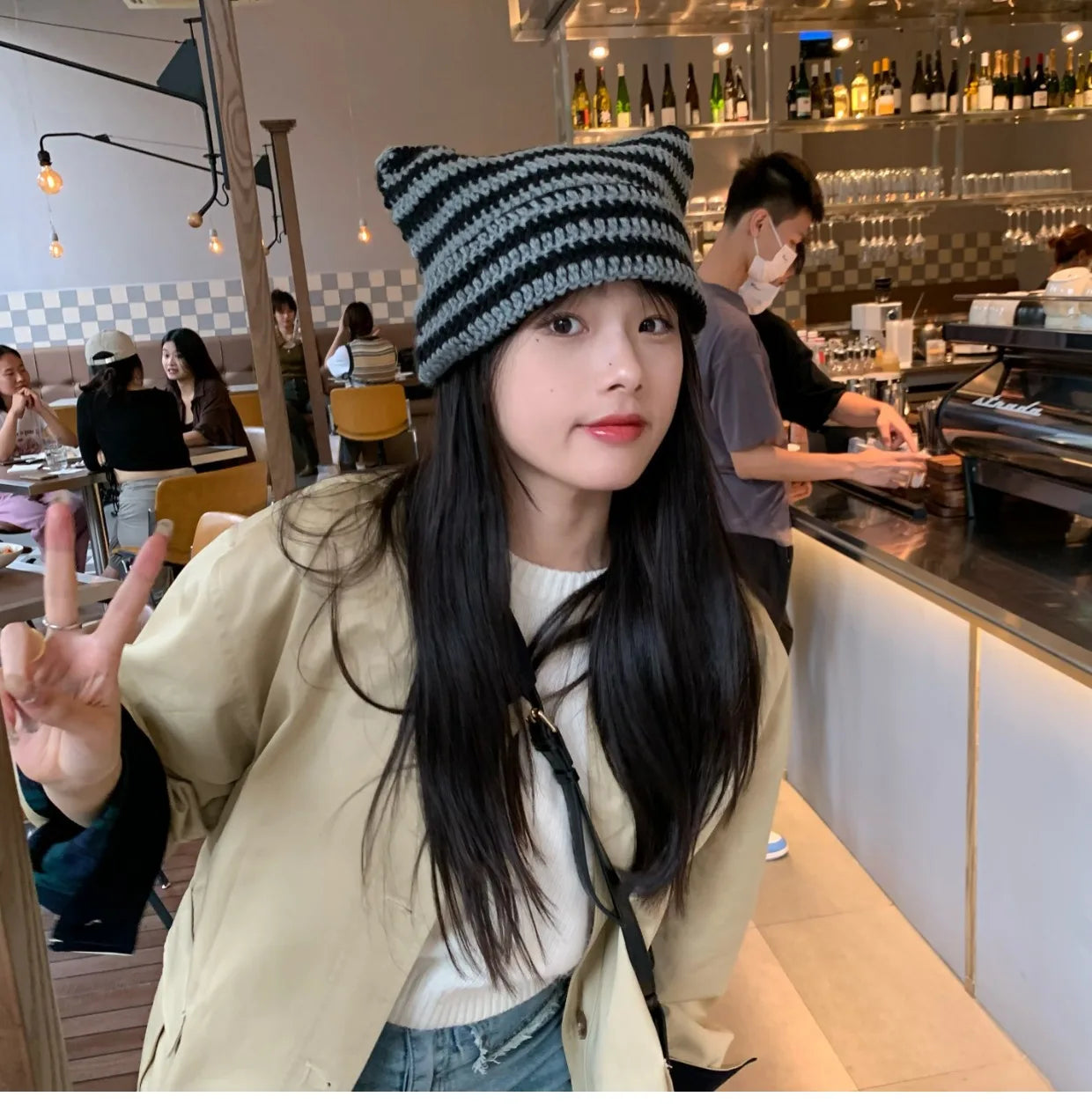 Striped Knit Cat Ears Bucket Hat