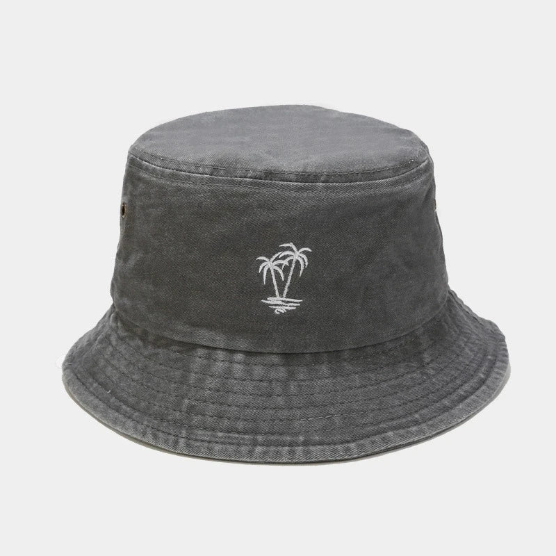 Vintage Washed Palm Tree Embroidery Outdoor Hiking Bucket Hat