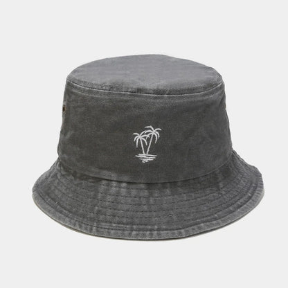 Vintage Washed Palm Tree Embroidery Outdoor Hiking Bucket Hat
