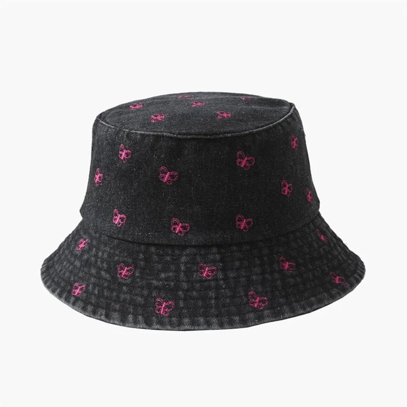 Pink Butterfly Embroidery Washed Denim Summer Bucket Hat