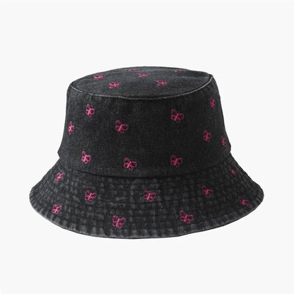 Pink Butterfly Embroidery Washed Denim Summer Bucket Hat