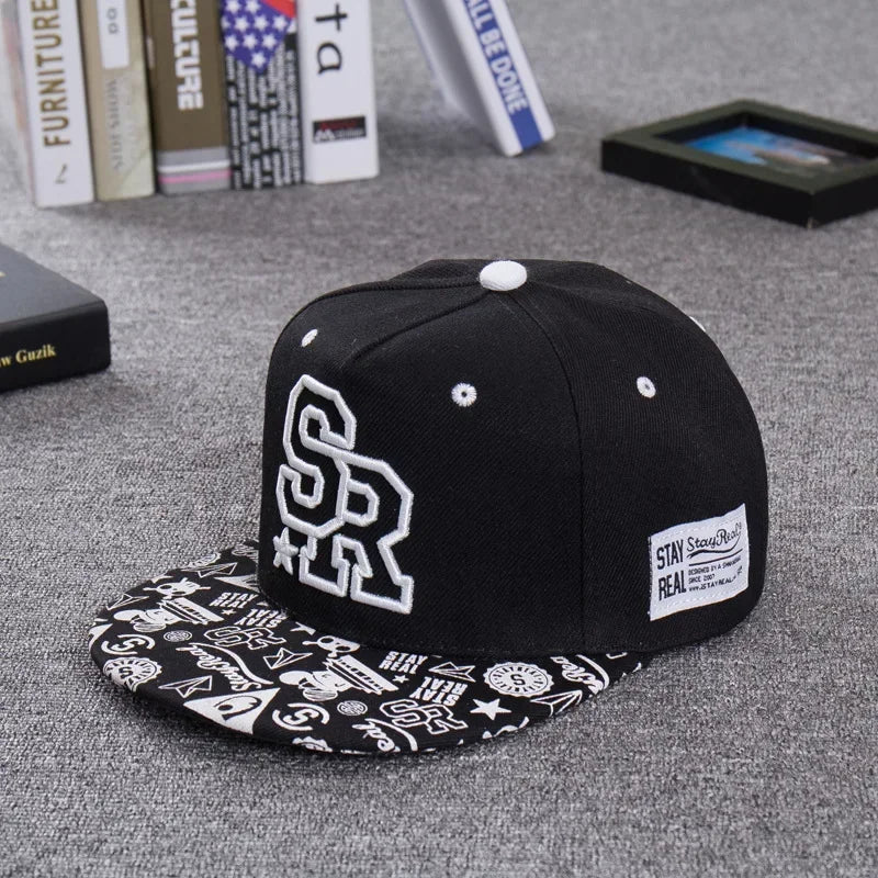 SR Letter Embroidery Flat Brim Snapback Cap