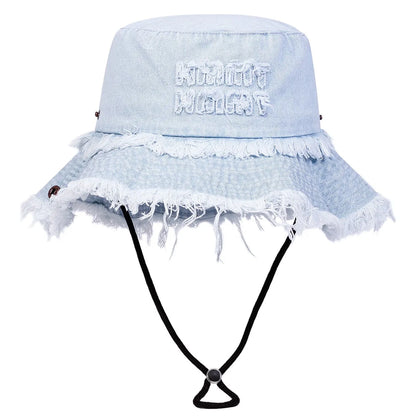 Unisex Letter Embroidered Washed Denim Fisherman Hat – Trendy Summer Travel Cap