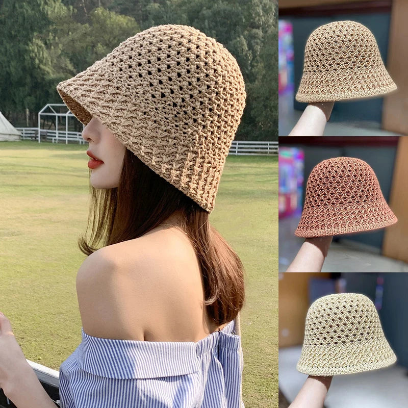 Women Wide Brim Straw Beach Bucket Hat