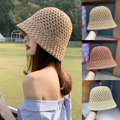 Women Wide Brim Straw Beach Bucket Hat