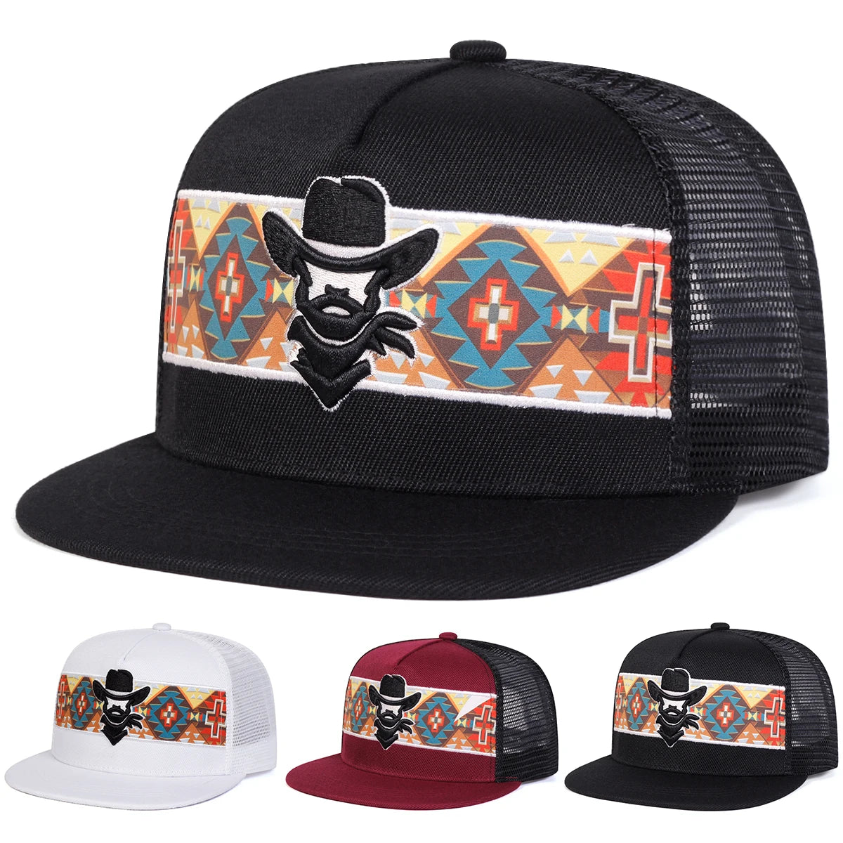 Unisex Western Cowboy Embroidery Hip-hop Net Hats