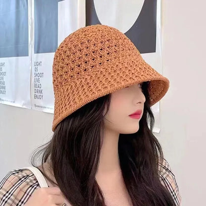 Women Wide Brim Straw Beach Bucket Hat