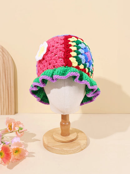 Flower Wool Hollow Knit Bucket Hat