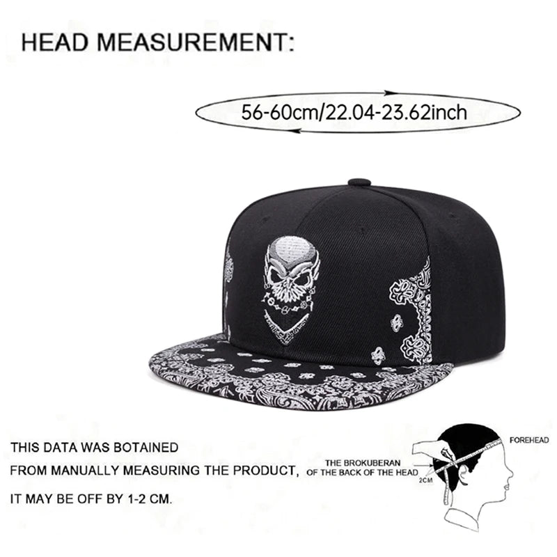 Paisley Skeleton Embroidery Hip Hop Flat Snapback Cap