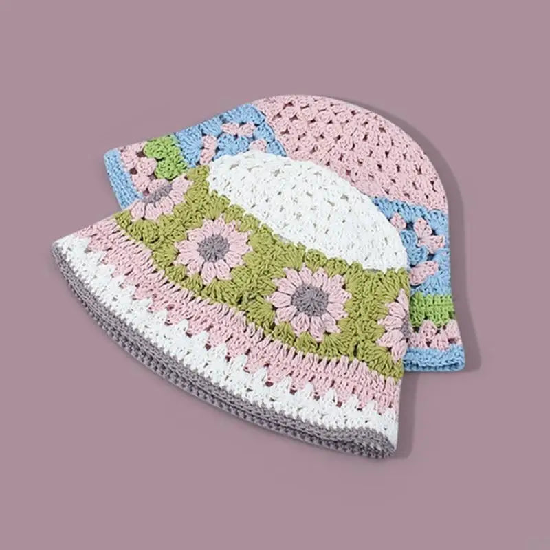 Knit Flower Breathable Multicolor Wide Brim Bucket Hat
