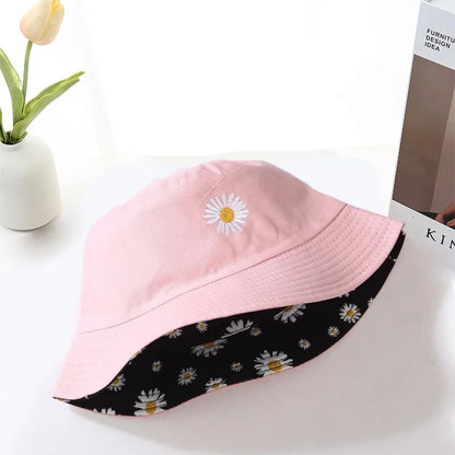 Unisex Double-Sided Daisy Embroidered Cotton Bucket Hat