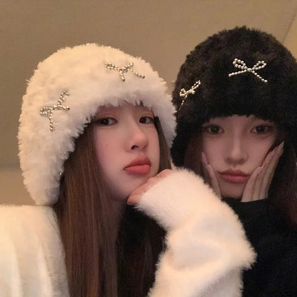 Metal Bow Plush Knitted Fur Bucket Hat