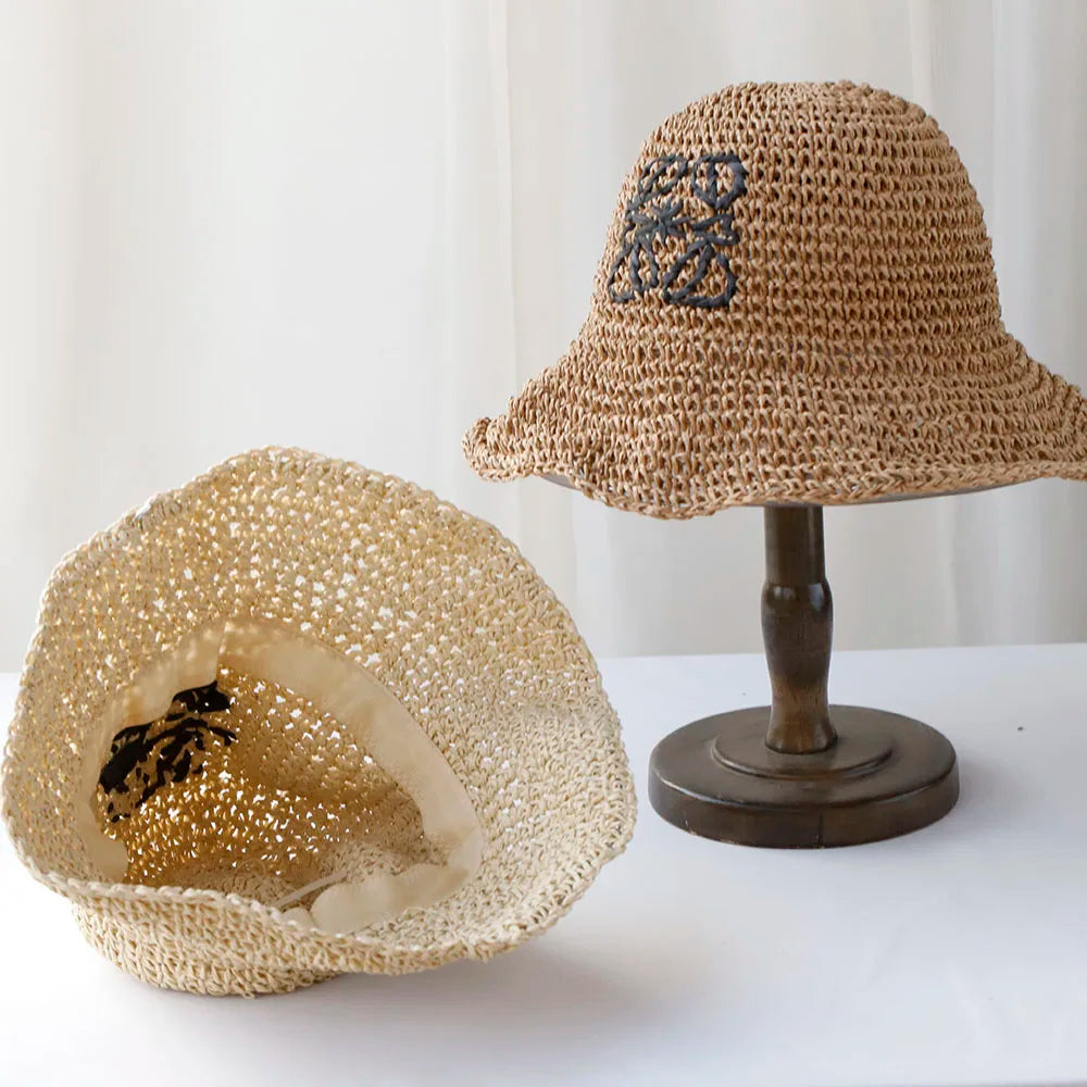 Handmade Letter Embroidery Straw Dome Bucket Hat