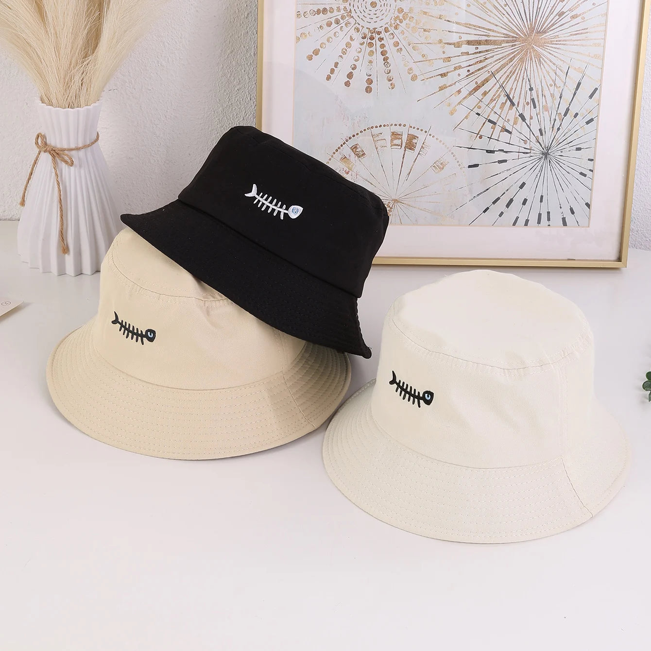 Unisex Fishbone Embroidered Wide - Brim Fisherman Hat