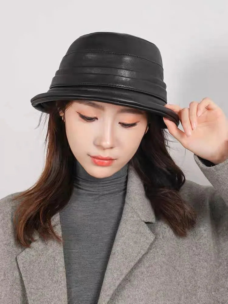 Black Genuine Leather Streetwear Bucket Hat