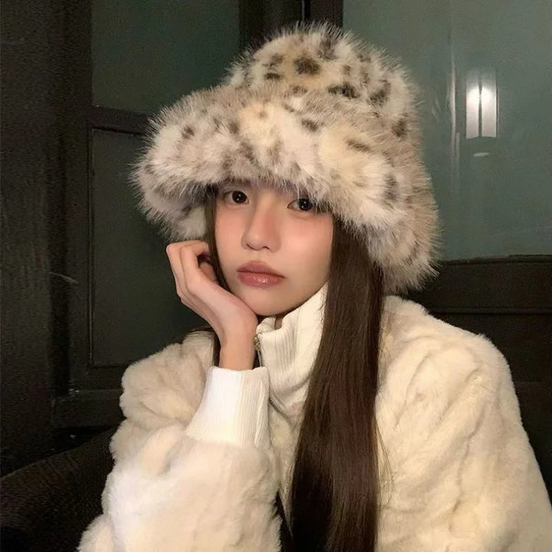 Leopard Print Plush Warm Bucket Hat