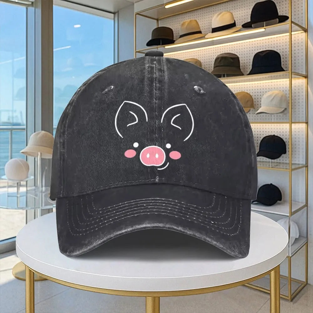 Cute Pig Face Distressed Denim Baseball Cap
