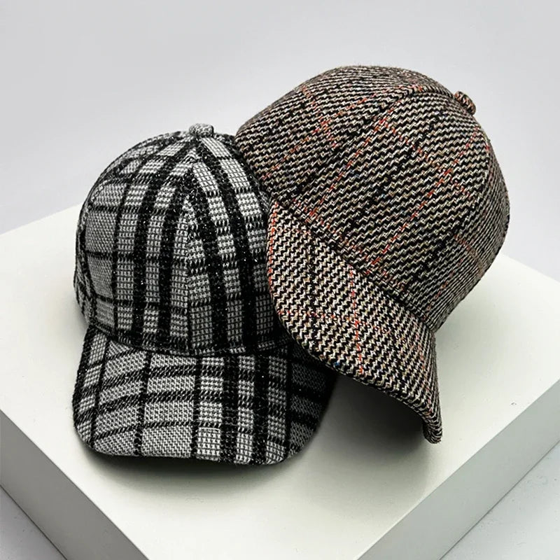 Autumn Winter Woolen Baseball Cap Versatile Retro Check British Style