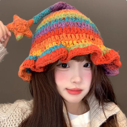 Korean Dopamine Colorblock Star Crochet Bucket Hat